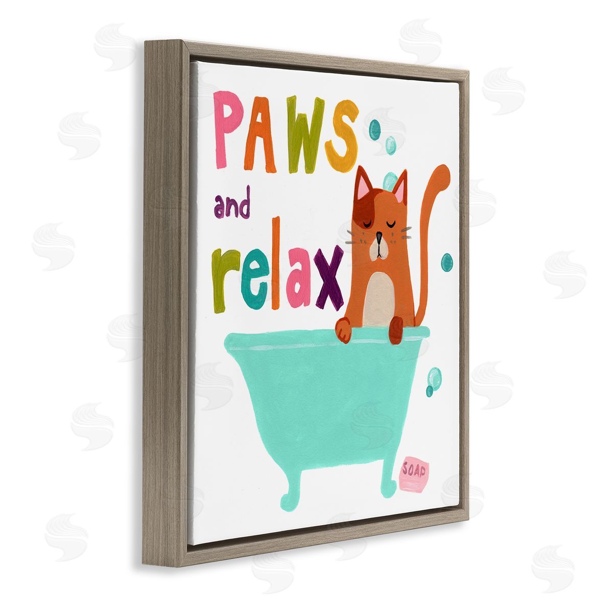 June Erica Vess Paws & Relax Cat Bathtub Bathroom Restful Phrase   Brown Floating Frame Canvas Wall Art Print