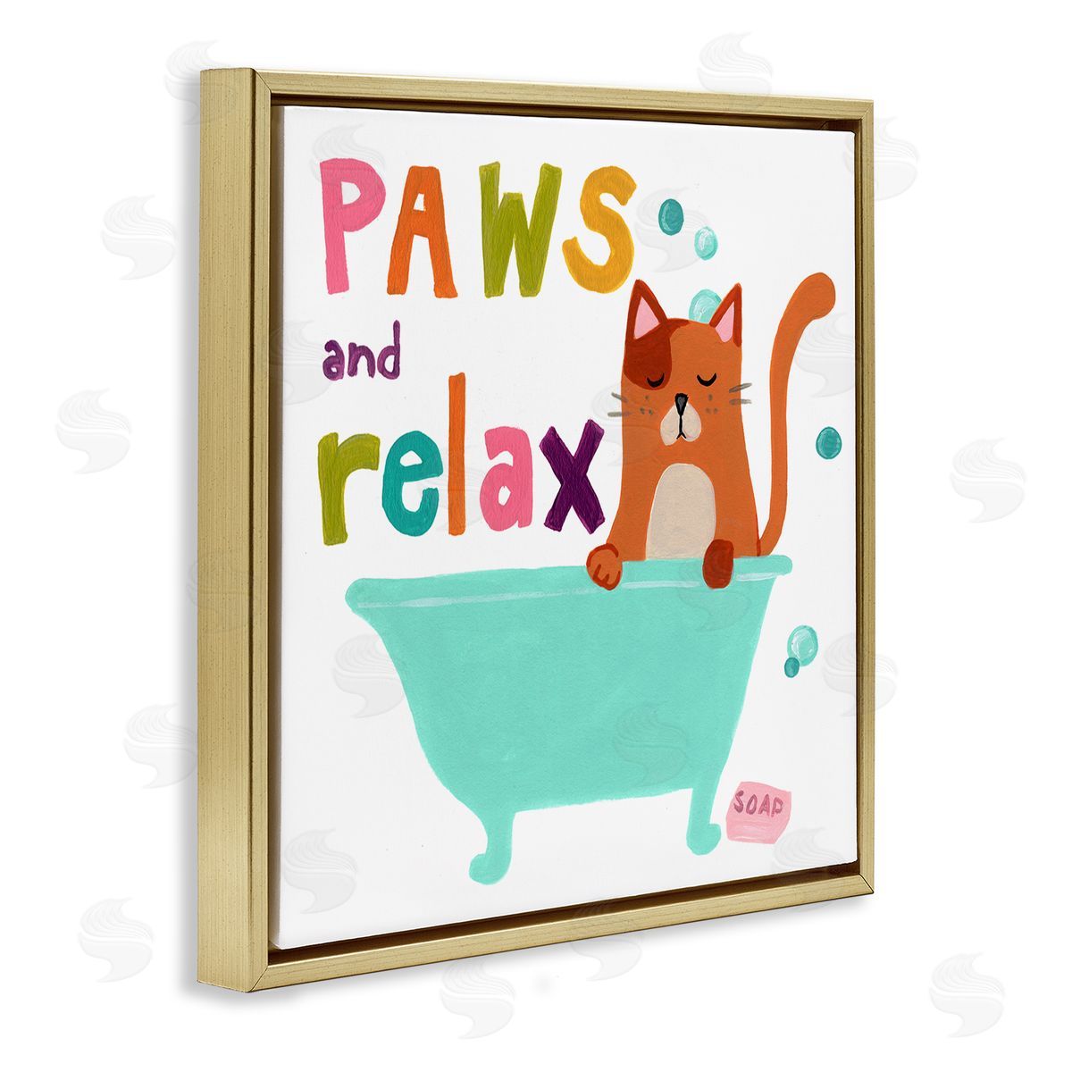 June Erica Vess Paws & Relax Cat Bathtub Bathroom Restful Phrase   Gold Floating Frame Canvas Wall Art Print