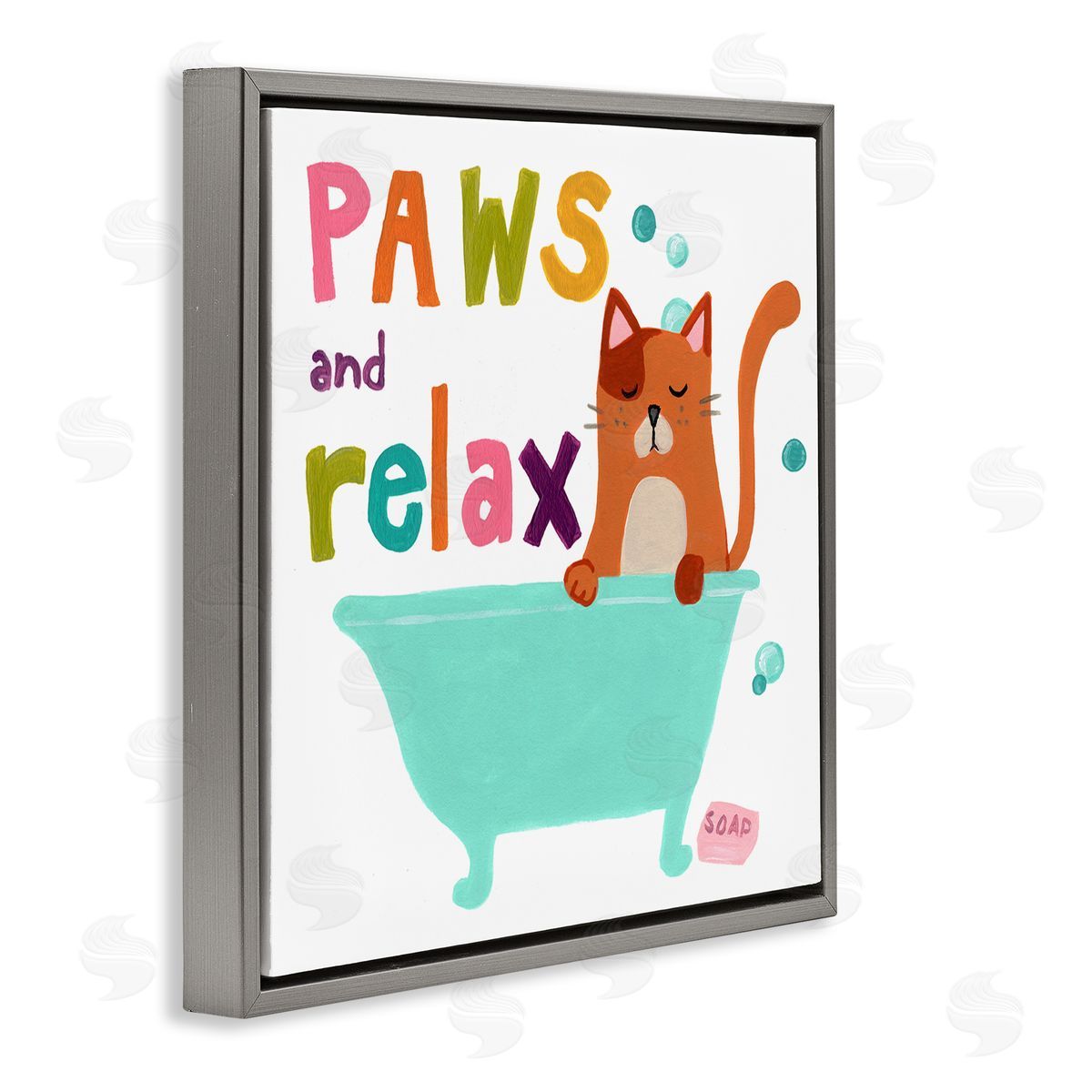 June Erica Vess Paws & Relax Cat Bathtub Bathroom Restful Phrase   Gray Floating Frame Canvas Wall Art Print