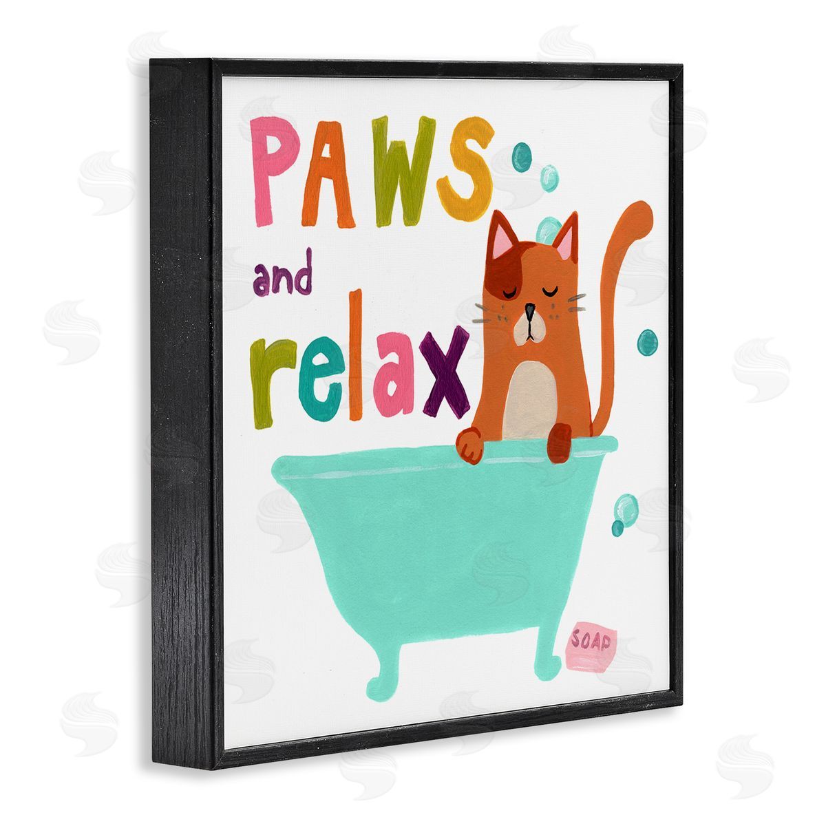 June Erica Vess Paws & Relax Cat Bathtub Bathroom Restful Phrase   Black Framed Glicee Wall Art Print
