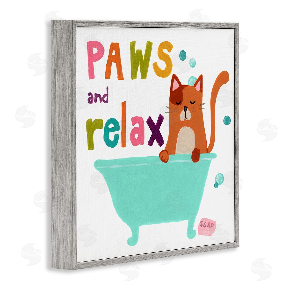 June Erica Vess Paws & Relax Cat Bathtub Bathroom Restful Phrase   Gray Framed Glicee Wall Art Print