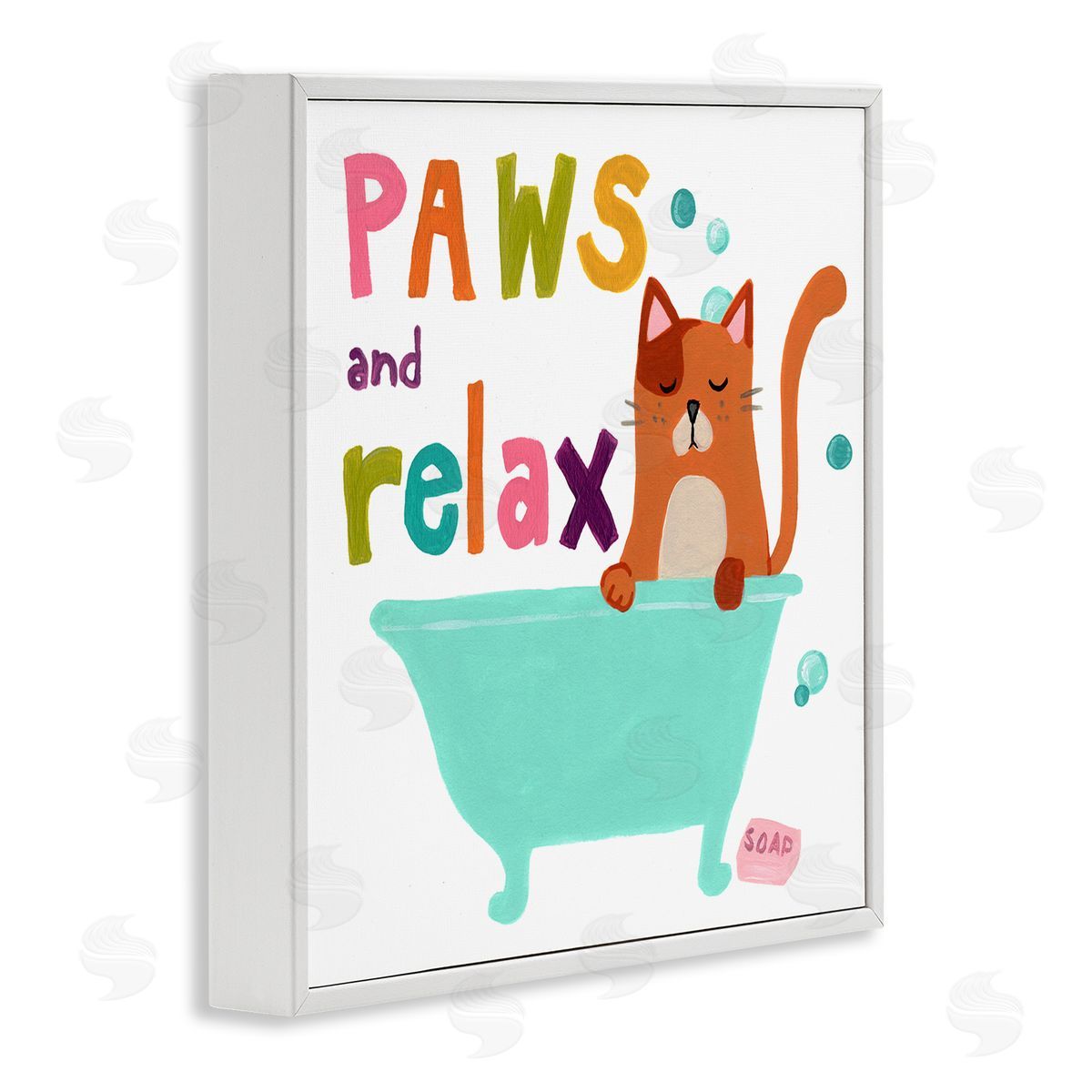 June Erica Vess Paws & Relax Cat Bathtub Bathroom Restful Phrase   White Framed Glicee Wall Art Print