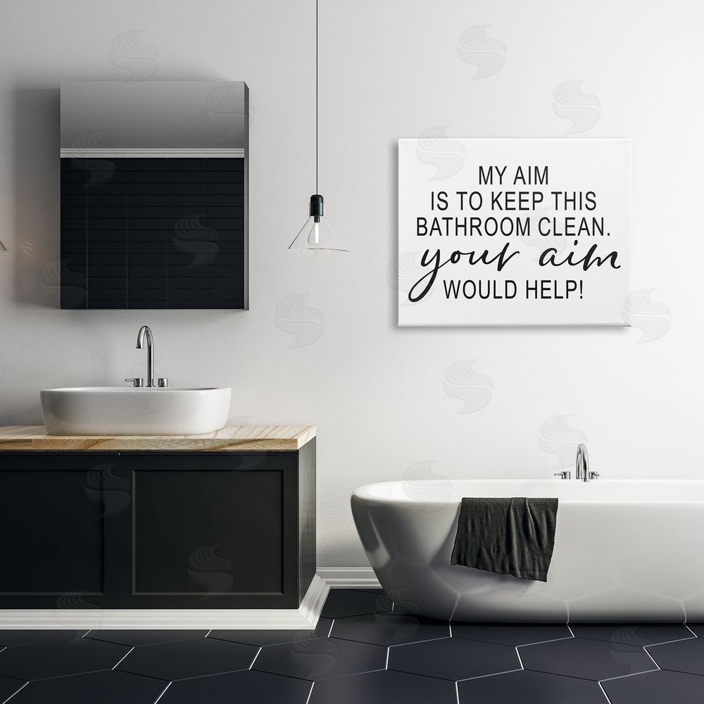Lettered and Lined Bathroom Aim Humorous Typography Washroom Signage  Canvas Wall Art Print in Room