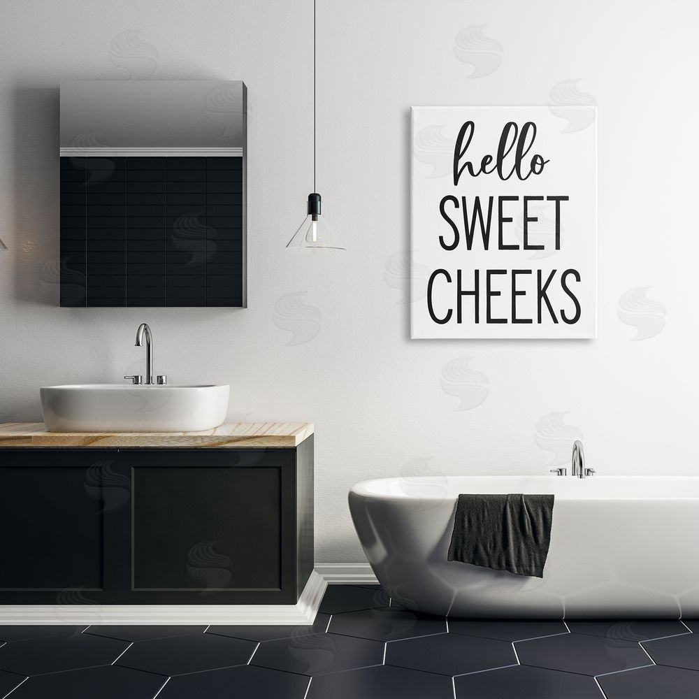 Lettered and Lined Hello Sweet Cheeks Silly Bathroom Washroom Humor  Canvas Wall Art Print in Room