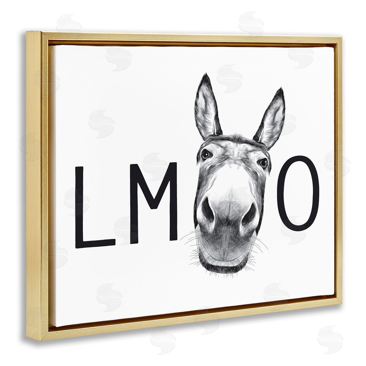 Lettered and Lined LMAO Donkey Amusing Monochrome Casual Animal Humor Gold Floating Frame Canvas Wall Art Print