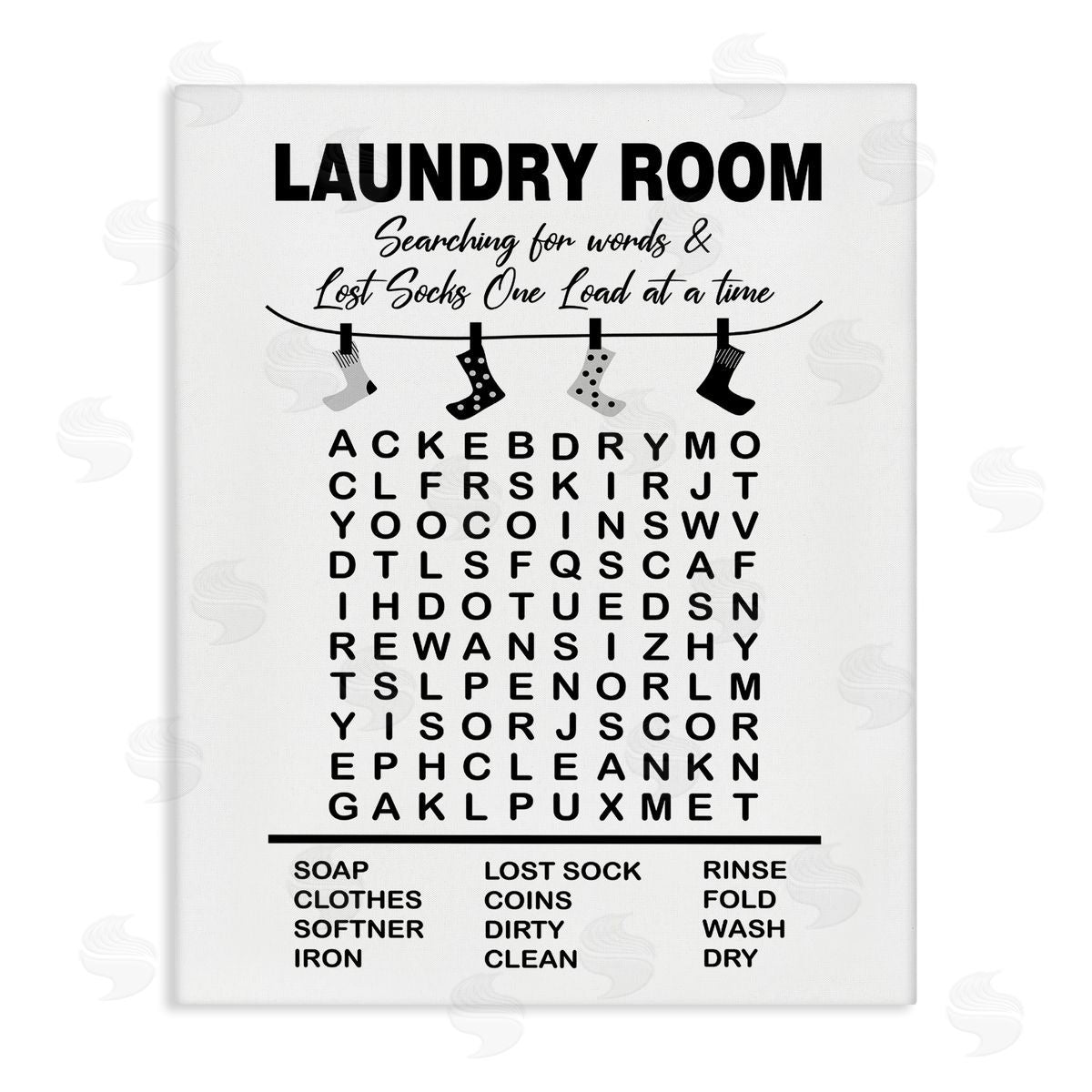 Lettered and Lined Laundry Room Word Search Lost Socks Hanging Stretched Canvas Wall Art Print