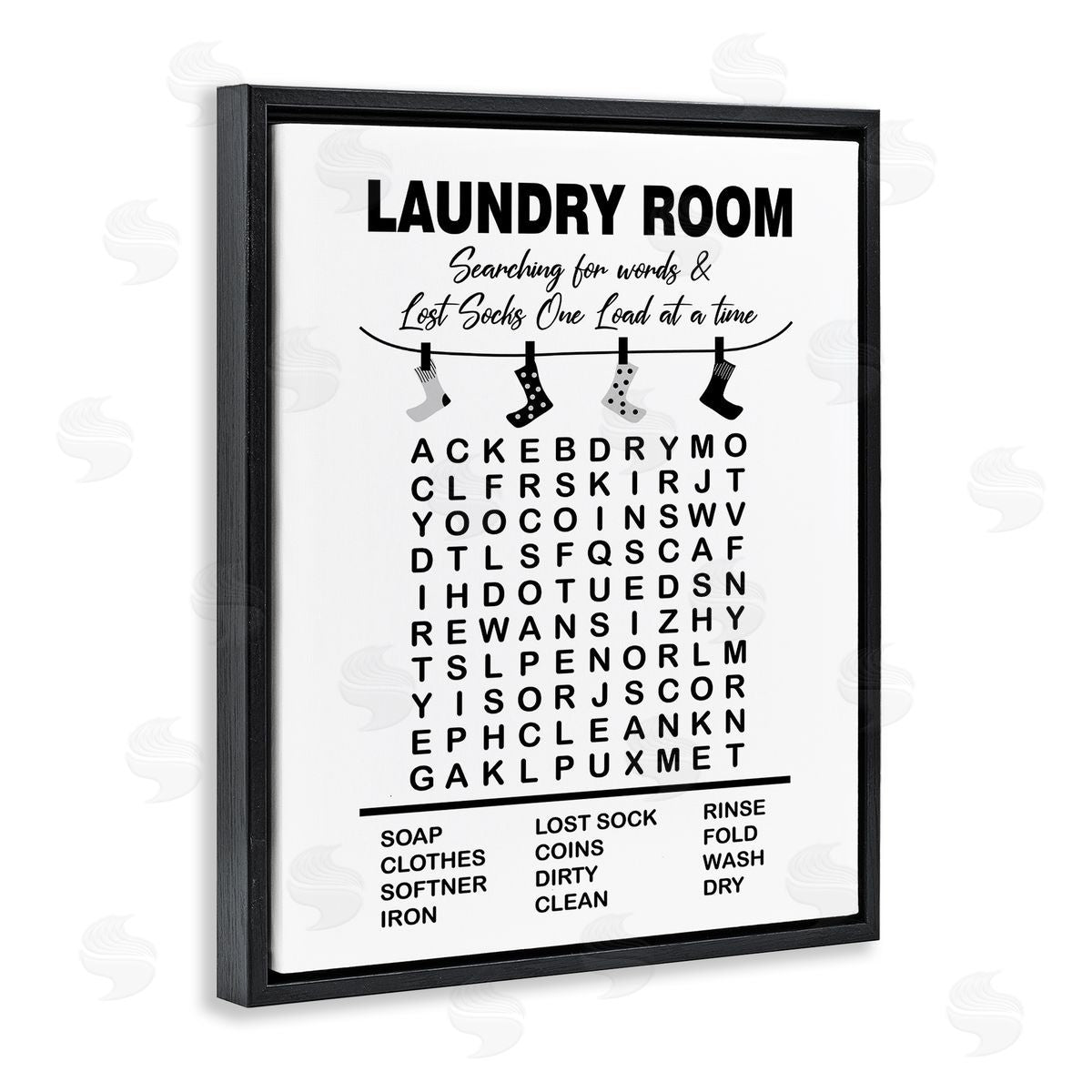 Lettered and Lined Laundry Room Word Search Lost Socks Hanging Black Floating Frame Canvas Wall Art Print