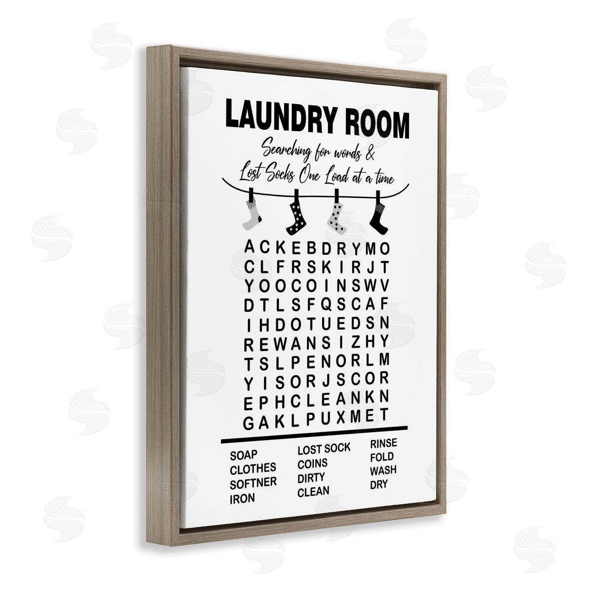 Lettered and Lined Laundry Room Word Search Lost Socks Hanging Brown Floating Frame Canvas Wall Art Print