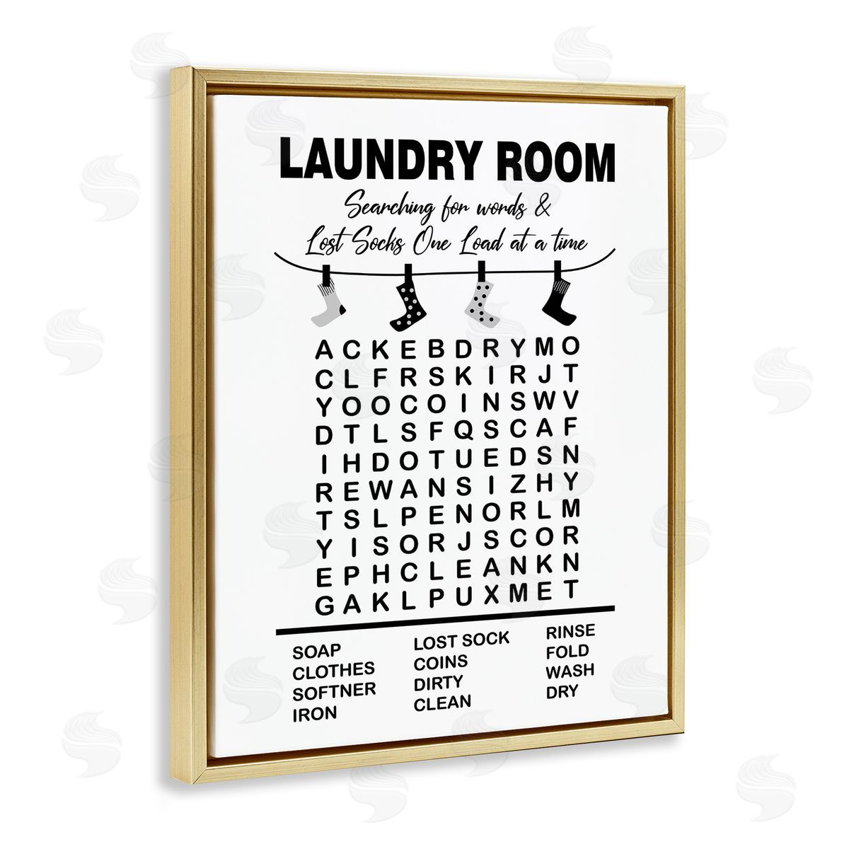 Lettered and Lined Laundry Room Word Search Lost Socks Hanging Gold Floating Frame Canvas Wall Art Print