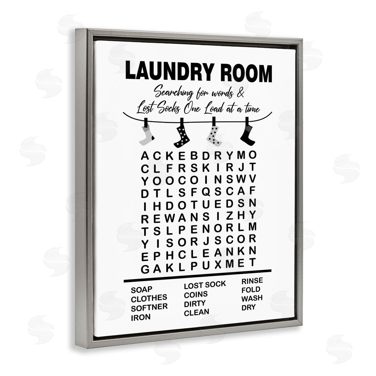 Lettered and Lined Laundry Room Word Search Lost Socks Hanging Gray Floating Frame Canvas Wall Art Print