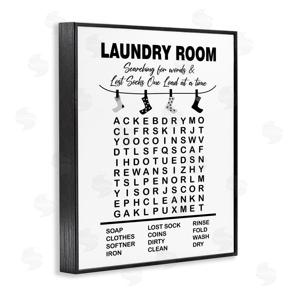 Lettered and Lined Laundry Room Word Search Lost Socks Hanging Black Framed Giclee Wall Art Print
