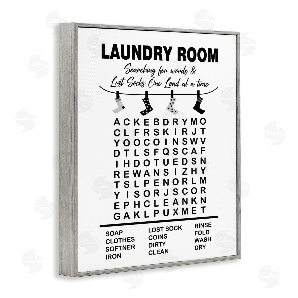 Lettered and Lined Laundry Room Word Search Lost Socks Hanging Gray Framed Giclee Wall Art Print