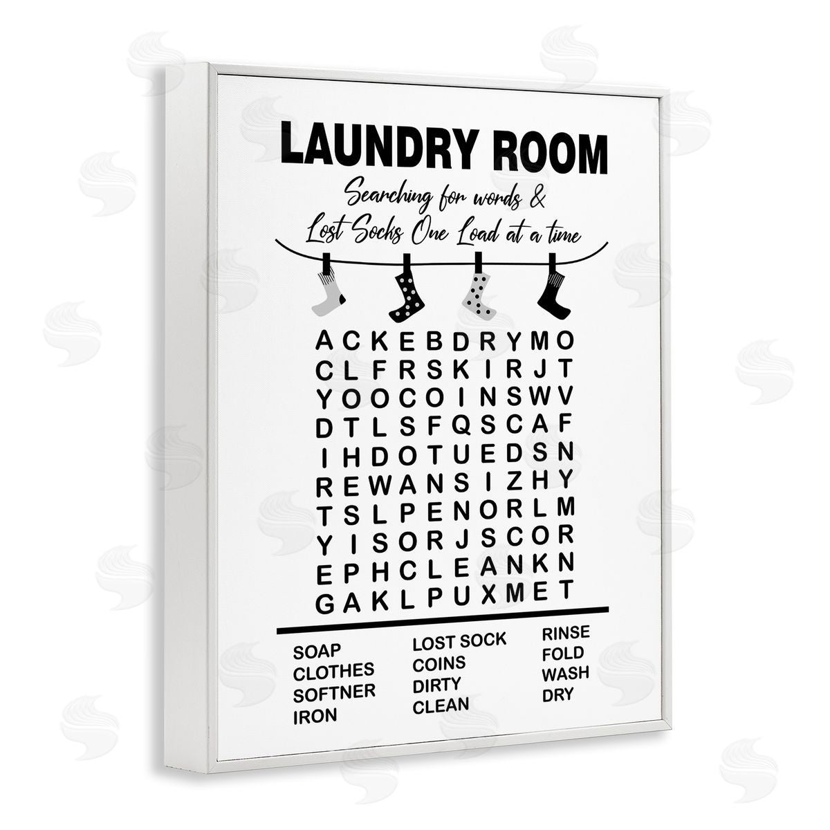 Lettered and Lined Laundry Room Word Search Lost Socks Hanging White Framed Giclee Wall Art Print