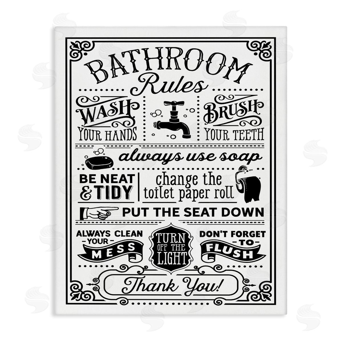 Lettered and Lined Vintage Bathroom Rules Diagram List  Stretched Canvas Wall Art Print