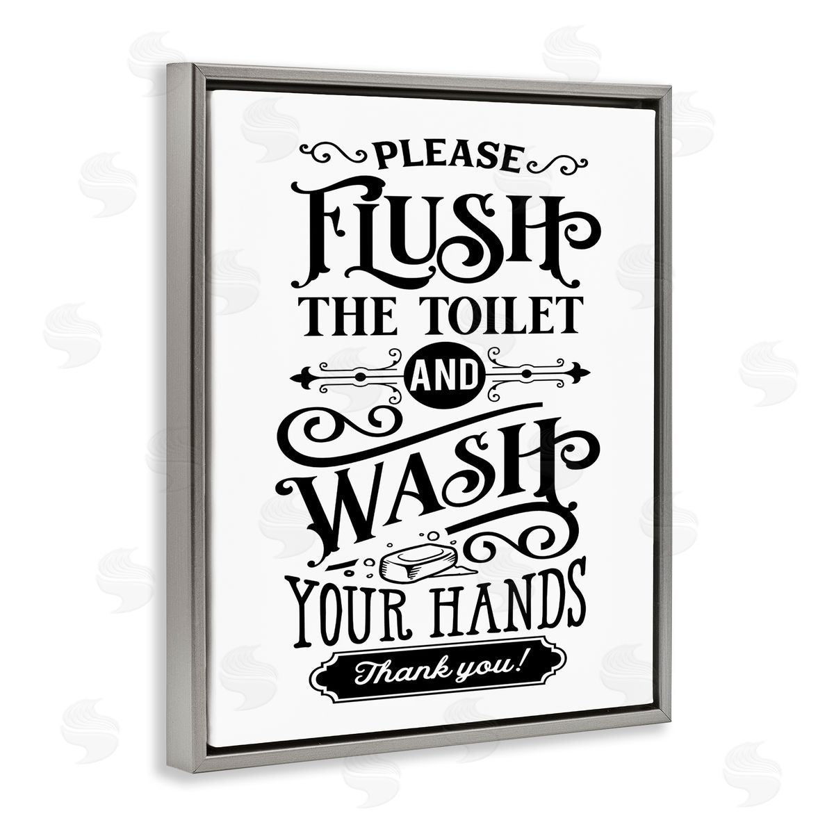 Lettered and Lined Flush & Wash Hands Vintage Text Typography Gray Floating Frame Canvas Wall Art Print