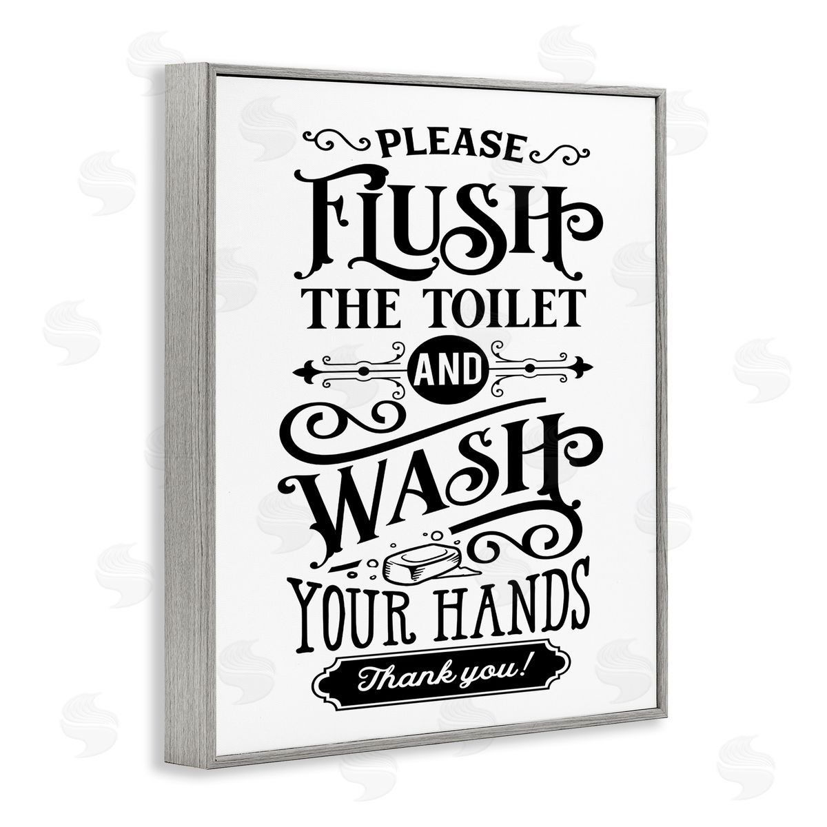 Lettered and Lined Flush & Wash Hands Vintage Text Typography Gray Framed Giclee Wall Art Print
