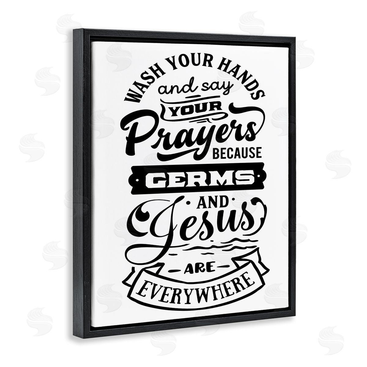 Lettered and Lined Wash Hands & Prayers Witty Religious Bathroom Sign Black Floating Frame Canvas Wall Art Print