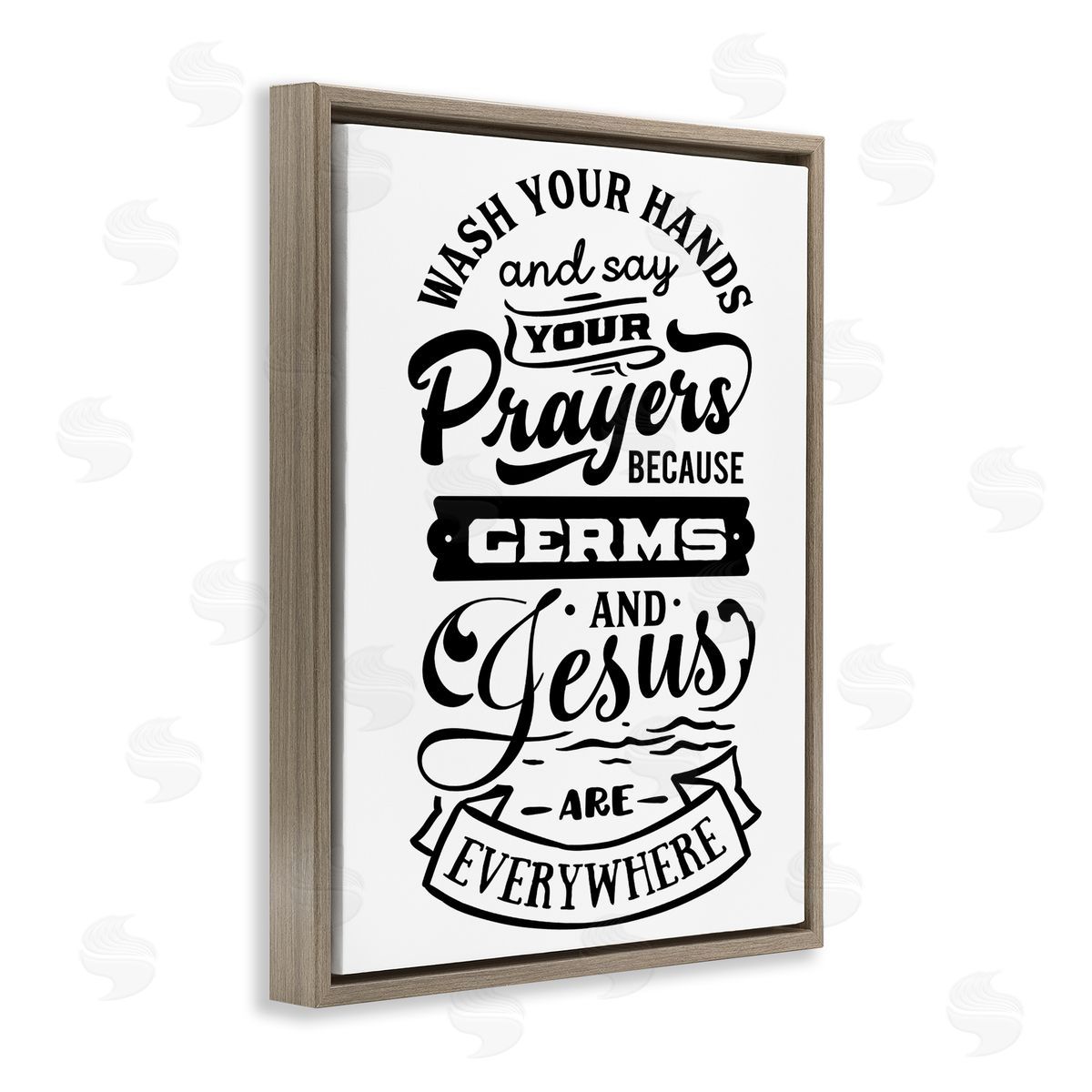 Lettered and Lined Wash Hands & Prayers Witty Religious Bathroom Sign Brown Floating Frame Canvas Wall Art Print