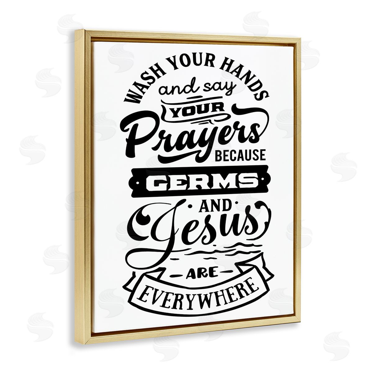 Lettered and Lined Wash Hands & Prayers Witty Religious Bathroom Sign Gold Floating Frame Canvas Wall Art Print