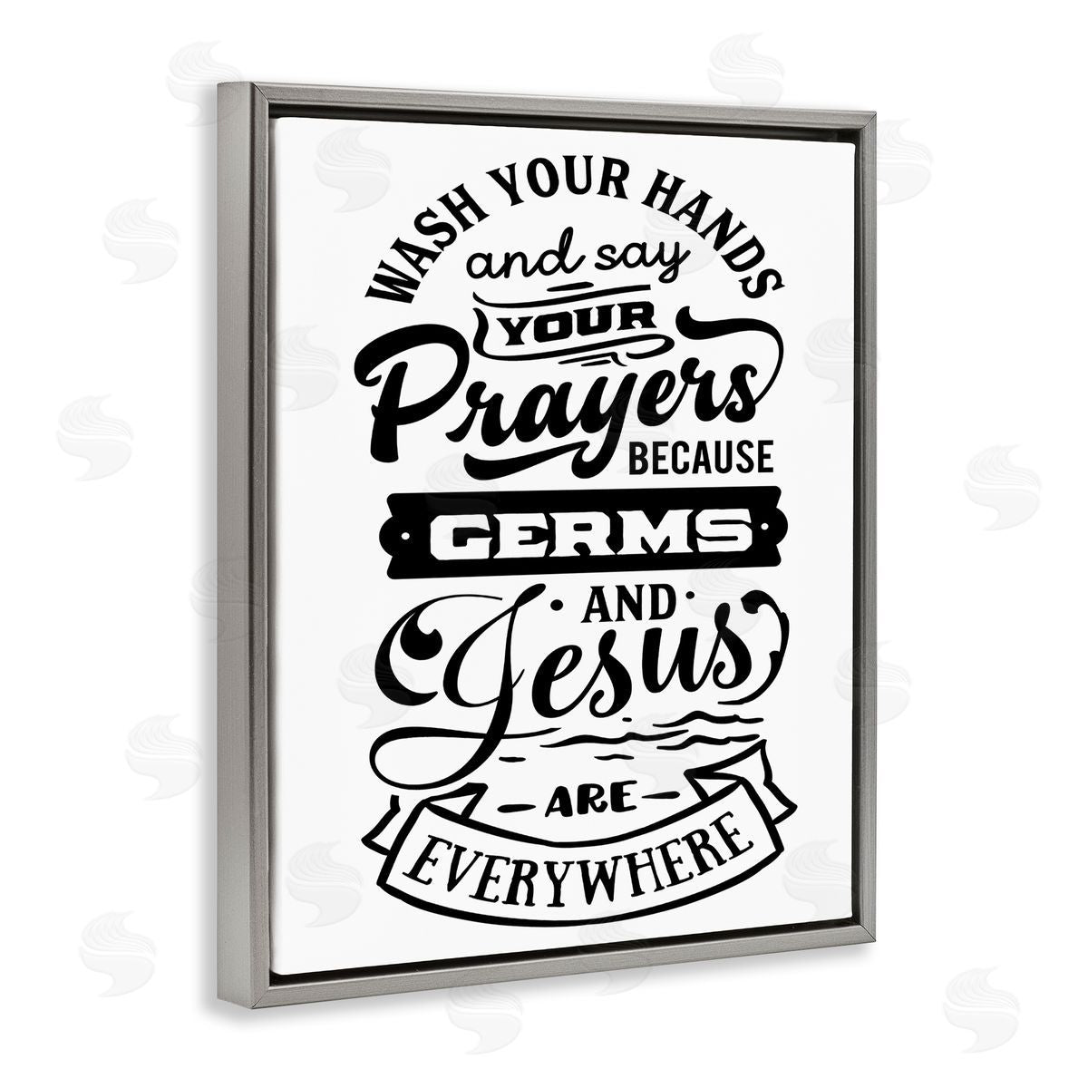 Lettered and Lined Wash Hands & Prayers Witty Religious Bathroom Sign Gray Floating Frame Canvas Wall Art Print