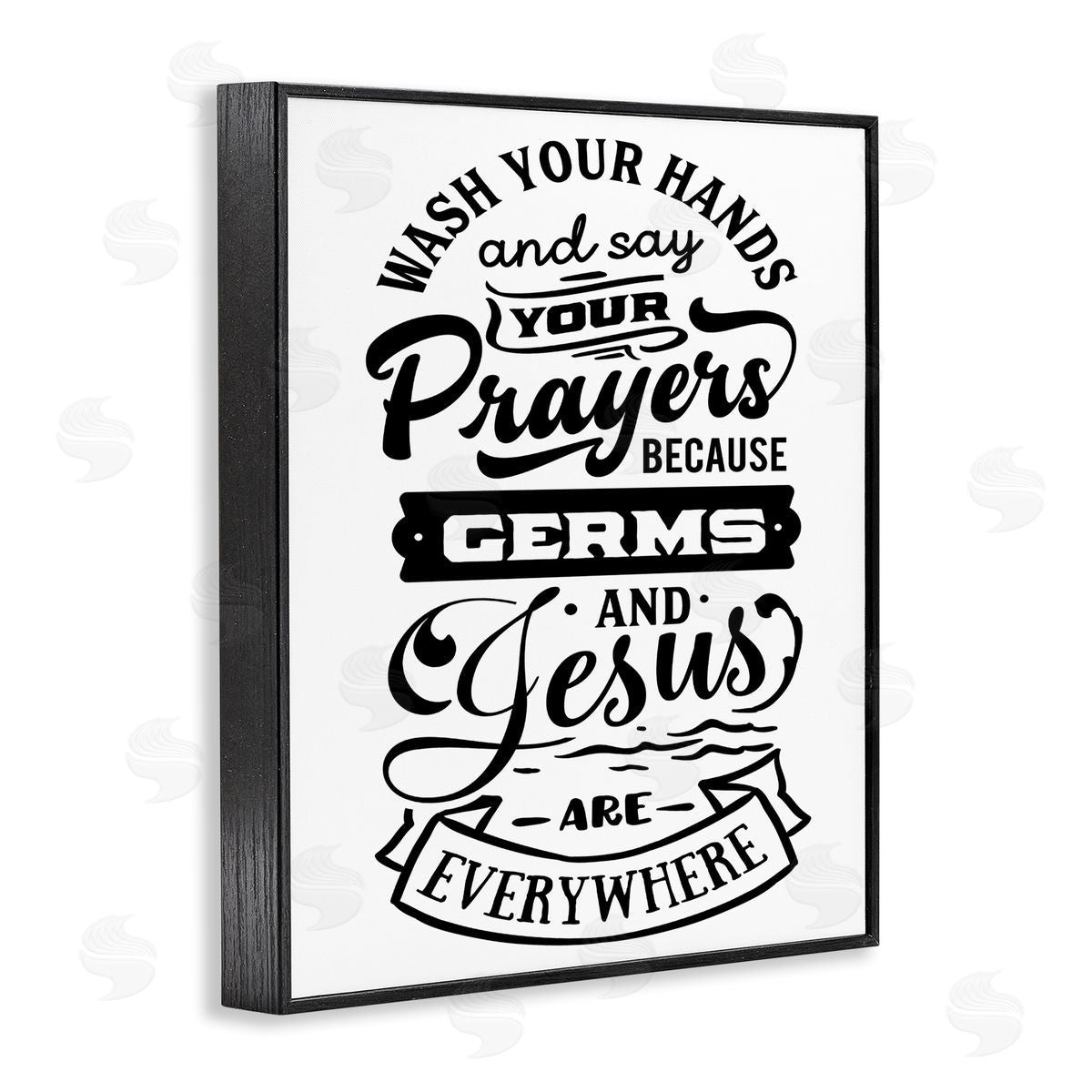 Lettered and Lined Wash Hands & Prayers Witty Religious Bathroom Sign Black Framed Giclee Wall Art Print