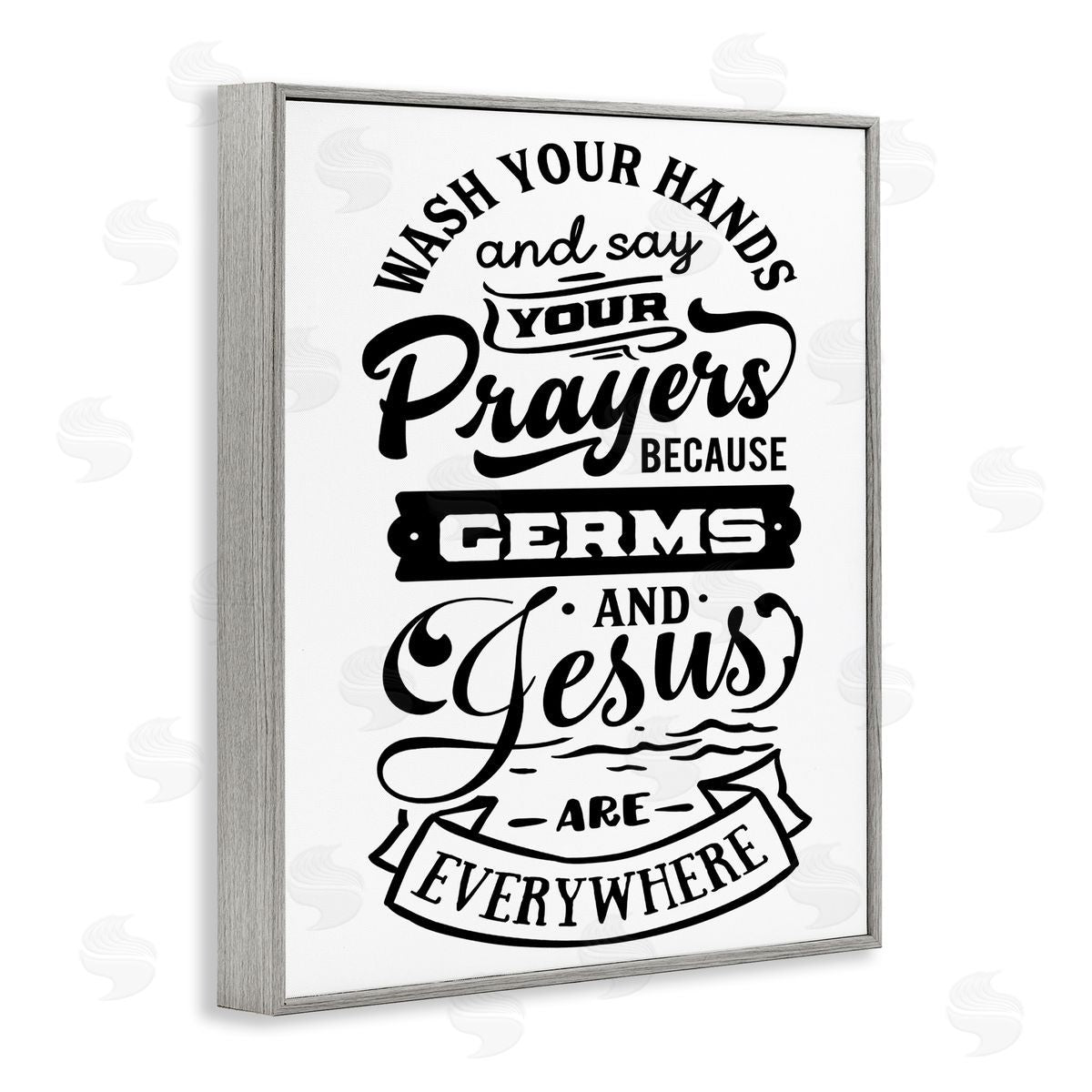Lettered and Lined Wash Hands & Prayers Witty Religious Bathroom Sign Gray Framed Giclee Wall Art Print