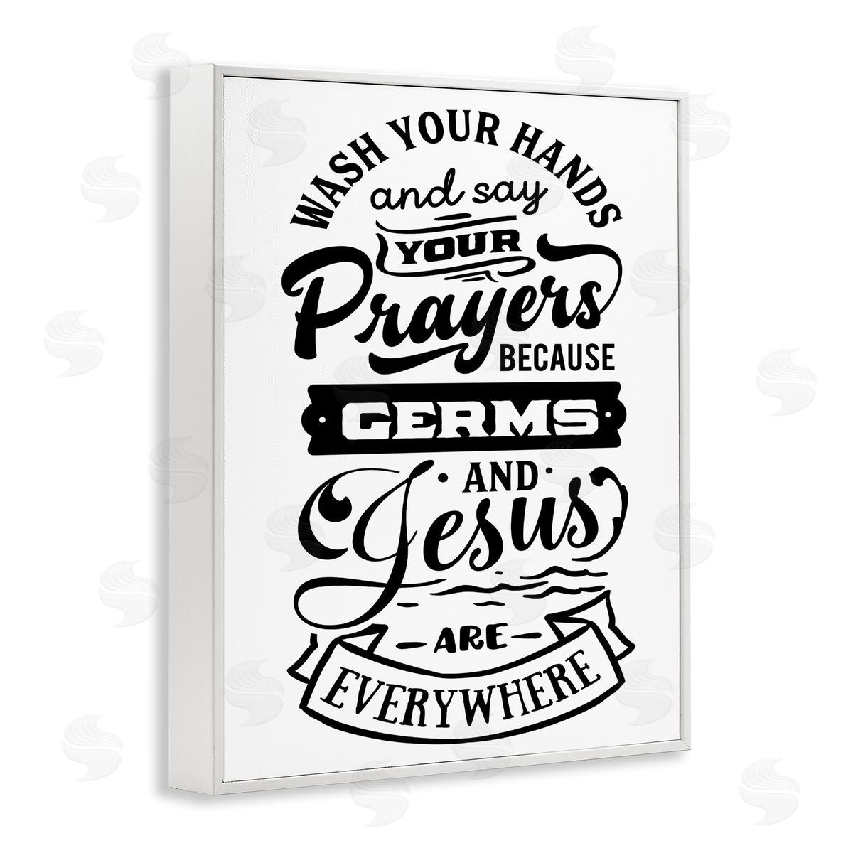 Lettered and Lined Wash Hands & Prayers Witty Religious Bathroom Sign White Framed Giclee Wall Art Print
