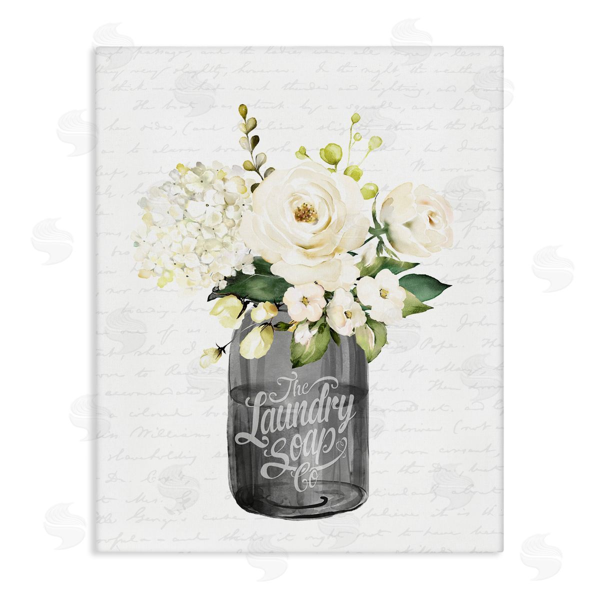 Lettered and Lined White Flower Blossoms Laundry Jar Fancy Script Stretched Canvas Wall Art Print