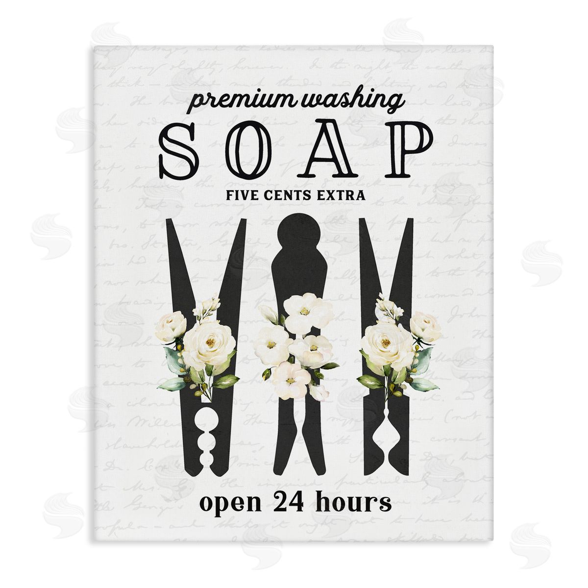 Lettered and Lined Floral Clothespin Silhouettes Laundry Room Script Sign Stretched Canvas Wall Art Print