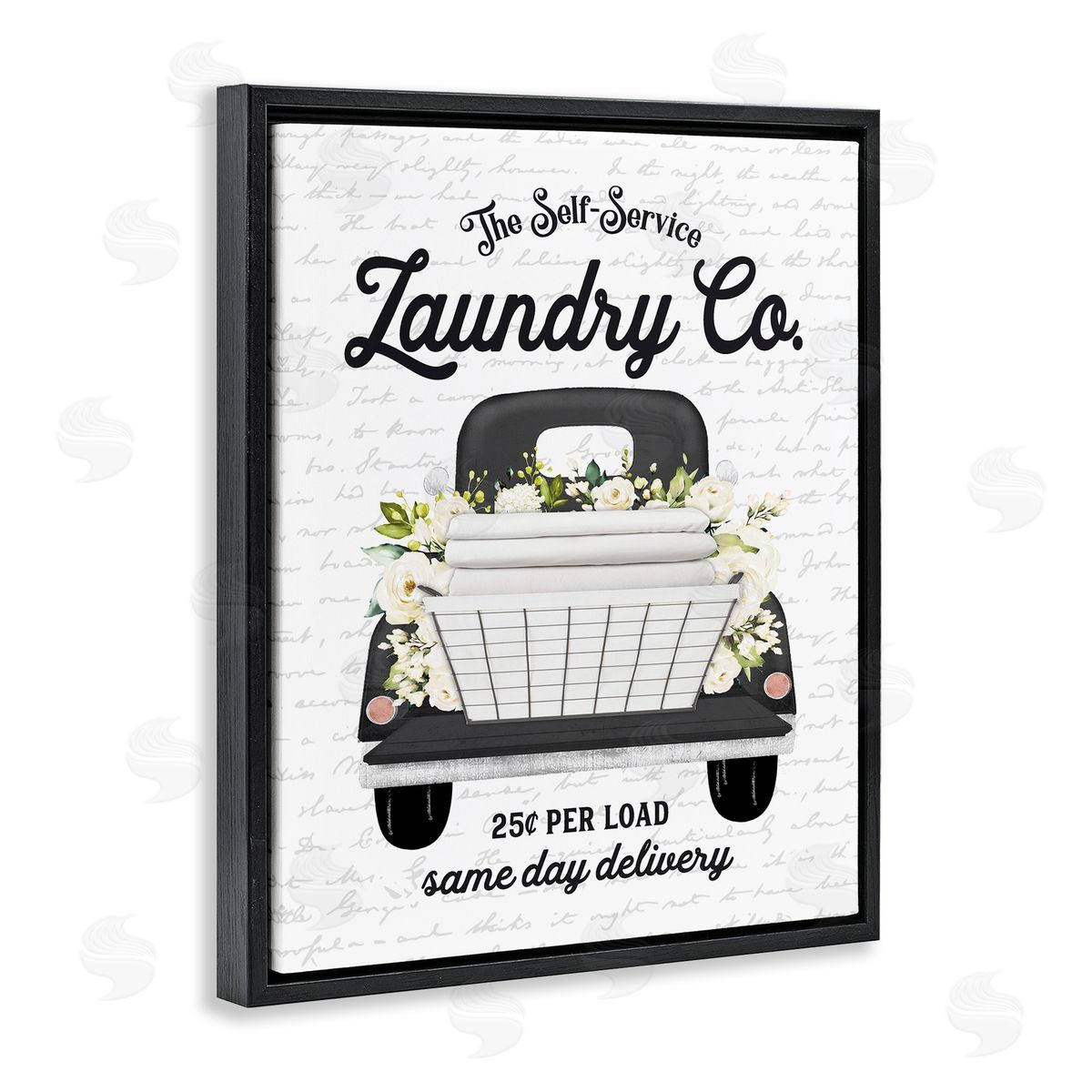 Lettered and Lined Laundry Co. White Flower Bouquet Truck Service  Black Floating Frame Canvas Wall Art Print