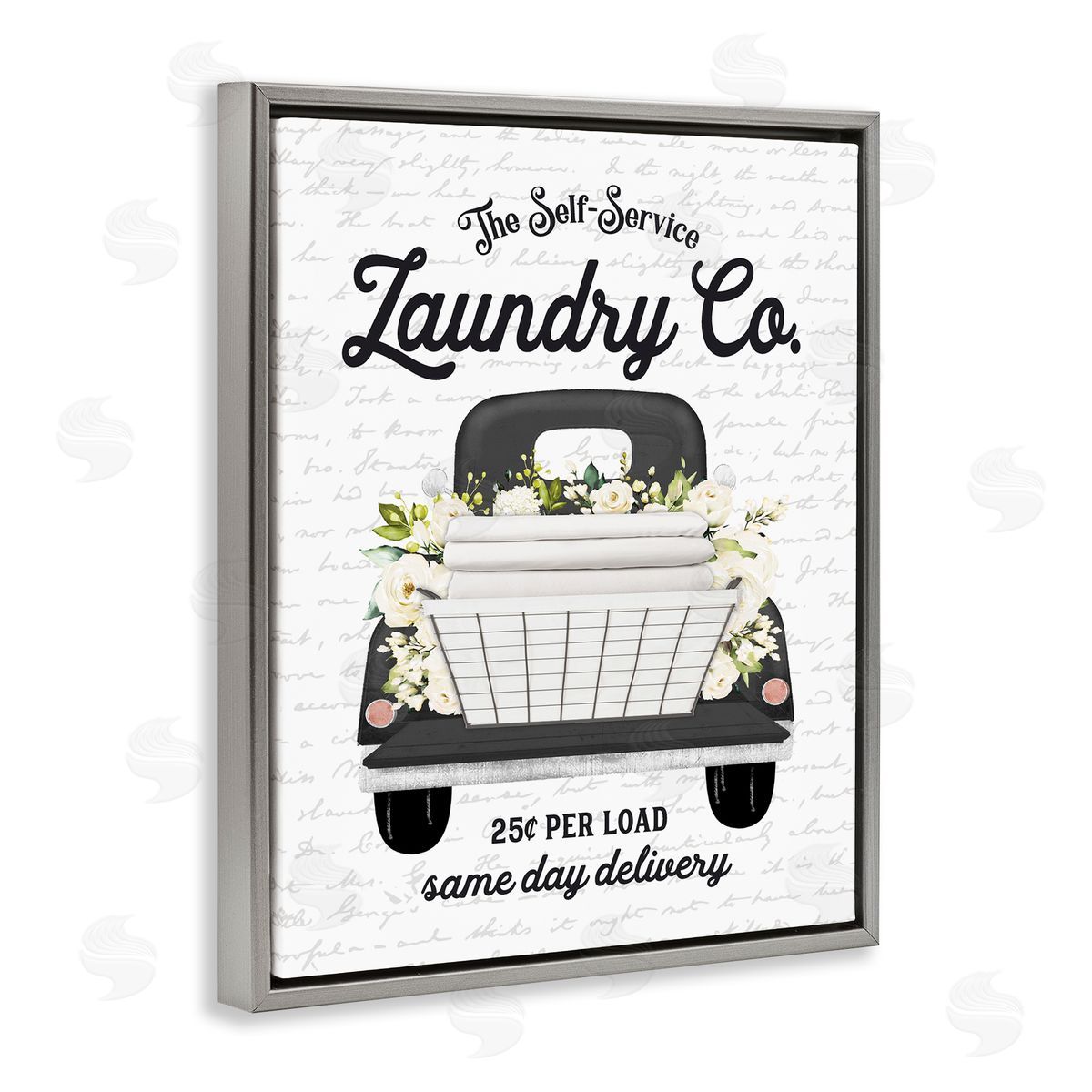 Lettered and Lined Laundry Co. White Flower Bouquet Truck Service  Gray Floating Frame Canvas Wall Art Print