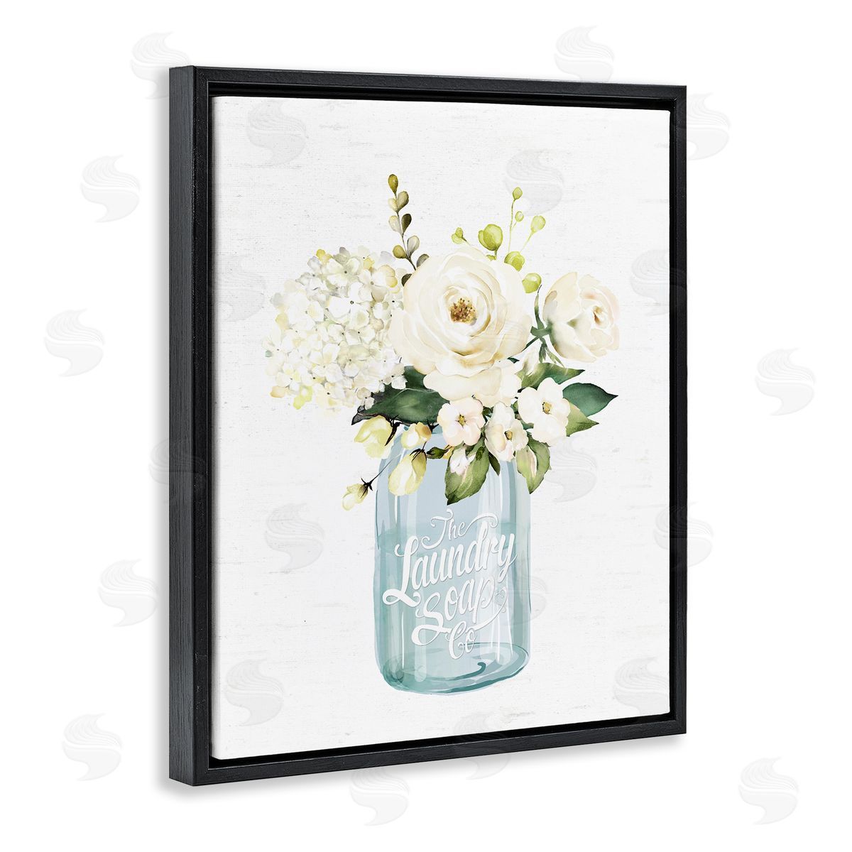Lettered and Lined White Floral Bouquet Vintage Laundry Text Jar Black Floating Frame Canvas Wall Art Print