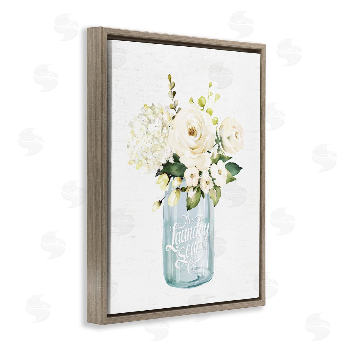 Lettered and Lined White Floral Bouquet Vintage Laundry Text Jar Brown Floating Frame Canvas Wall Art Print