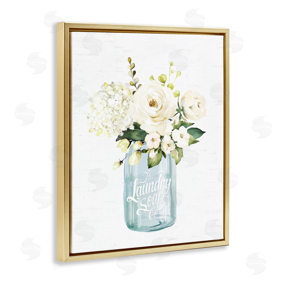 Lettered and Lined White Floral Bouquet Vintage Laundry Text Jar Gold Floating Frame Canvas Wall Art Print