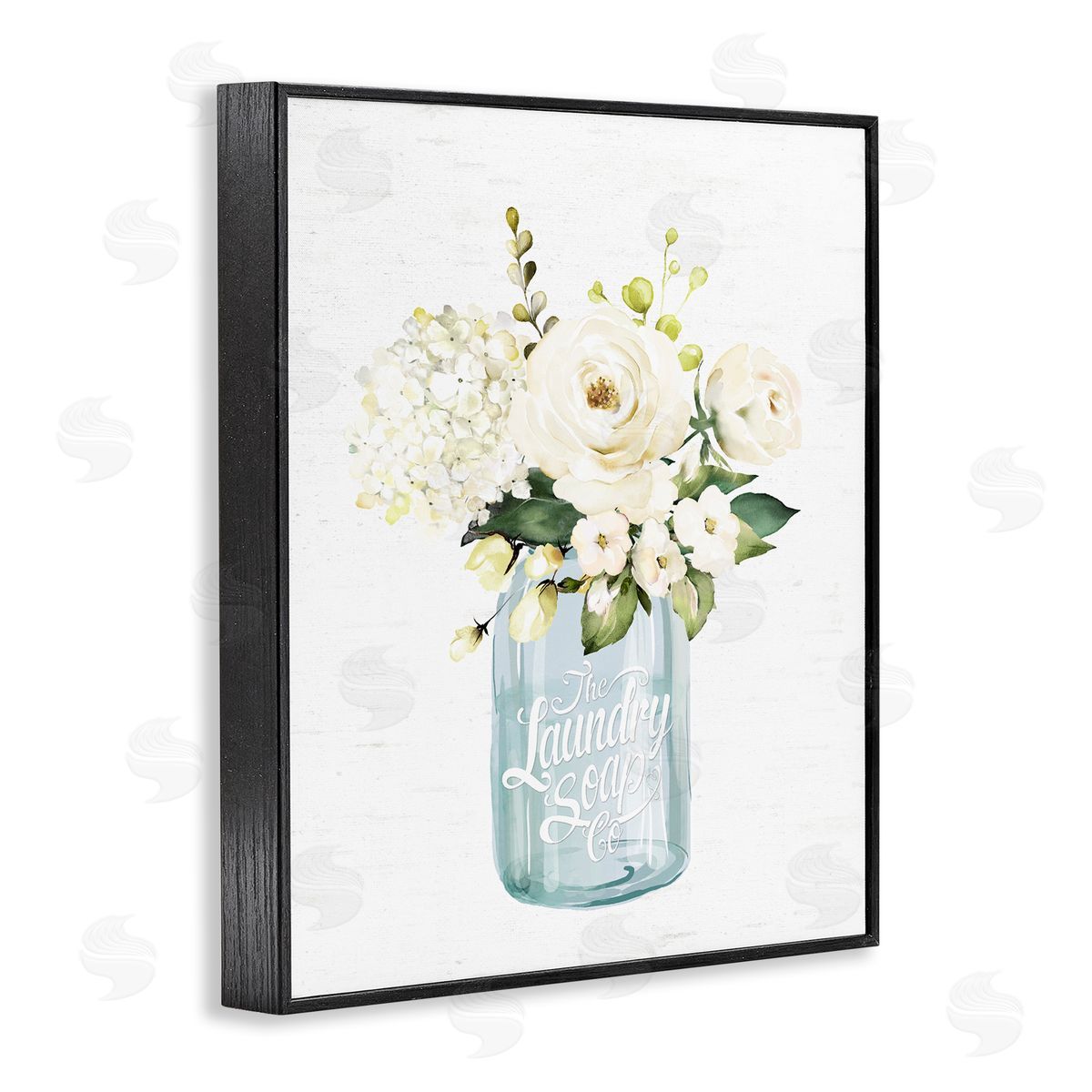 Lettered and Lined White Floral Bouquet Vintage Laundry Text Jar Black Framed Giclee Wall Art Print