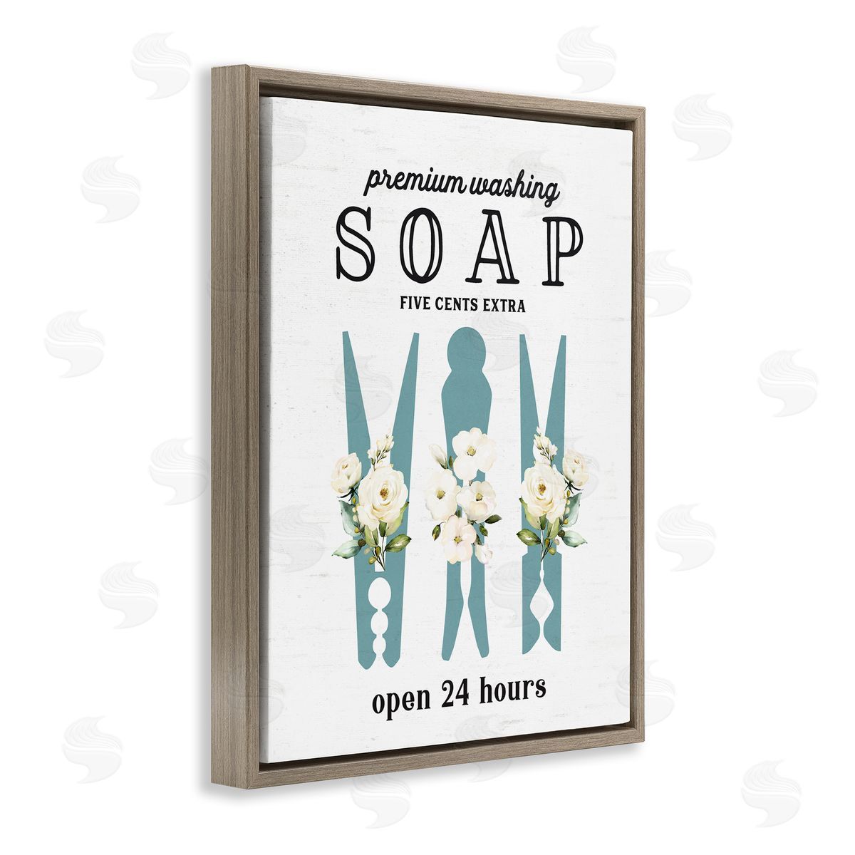 Lettered and Lined Premium Soap Laundry Sign Vintage Floral Clothespins Brown Floating Frame Canvas Wall Art Print