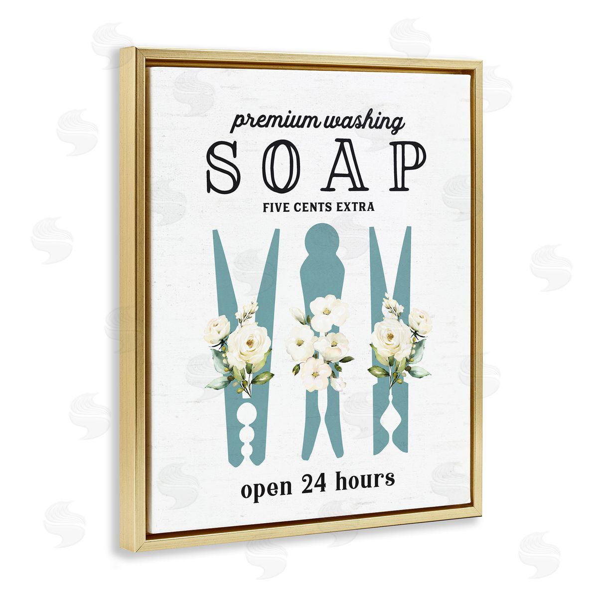 Lettered and Lined Premium Soap Laundry Sign Vintage Floral Clothespins Gold Floating Frame Canvas Wall Art Print
