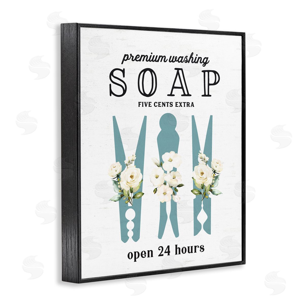 Lettered and Lined Premium Soap Laundry Sign Vintage Floral Clothespins Black Framed Giclee Wall Art Print