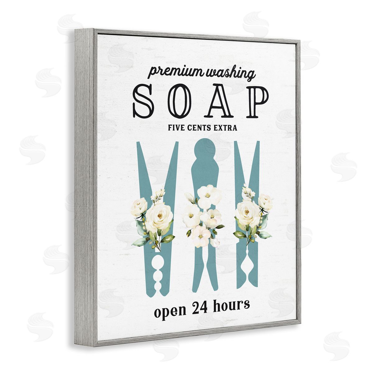 Lettered and Lined Premium Soap Laundry Sign Vintage Floral Clothespins Gray Framed Giclee Wall Art Print