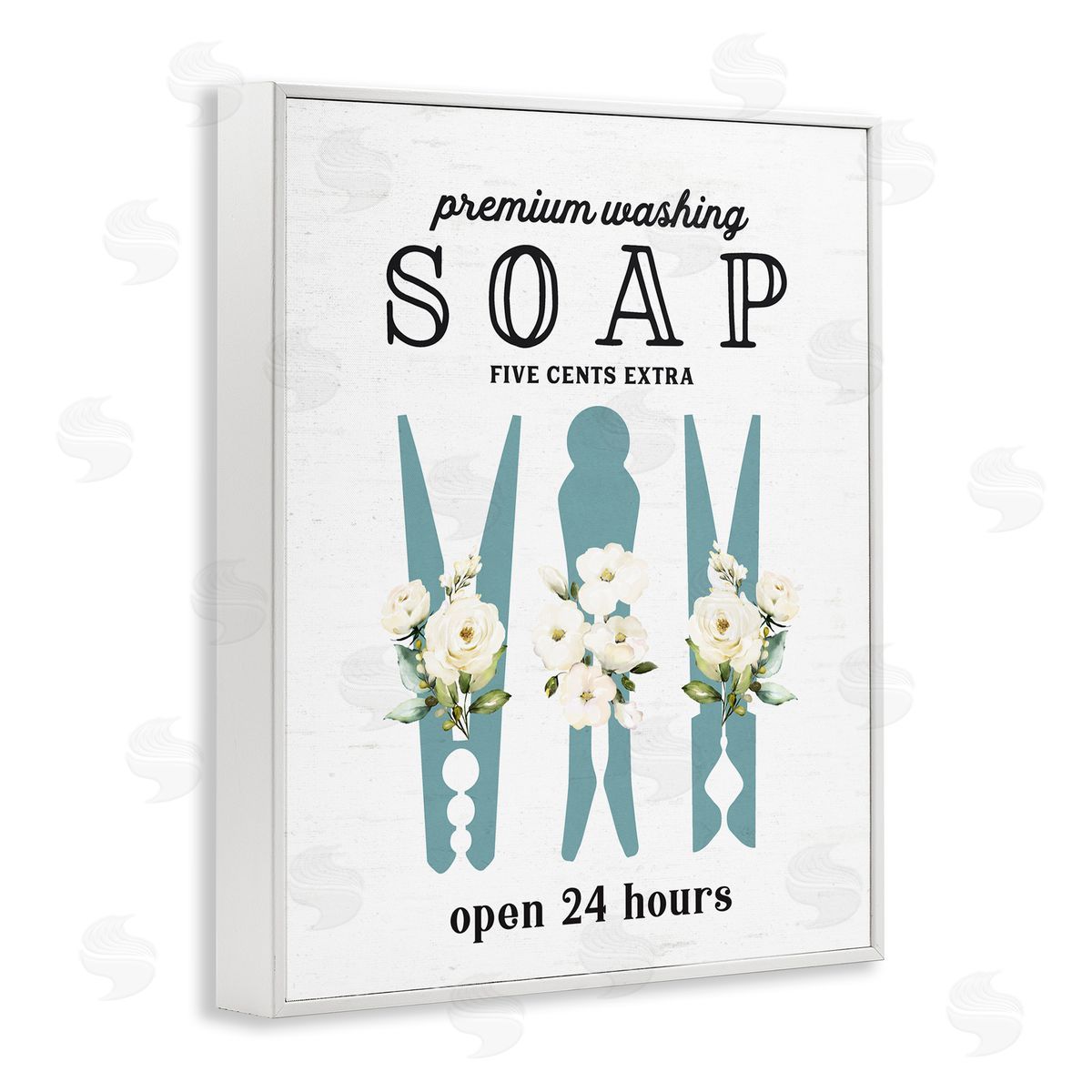 Lettered and Lined Premium Soap Laundry Sign Vintage Floral Clothespins White Framed Giclee Wall Art Print