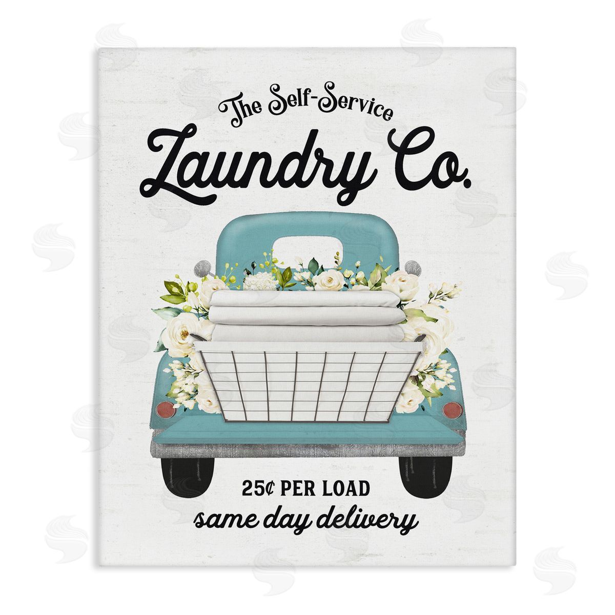 Lettered and Lined Self Service Laundry Co. Antique Truck Flower Arrangement  Stretched Canvas Wall Art Print
