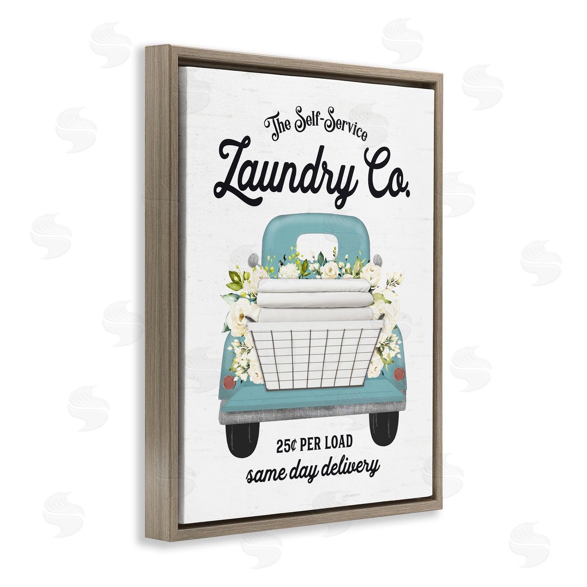 Lettered and Lined Self Service Laundry Co. Antique Truck Flower Arrangement  Brown Floating Frame Canvas Wall Art Print