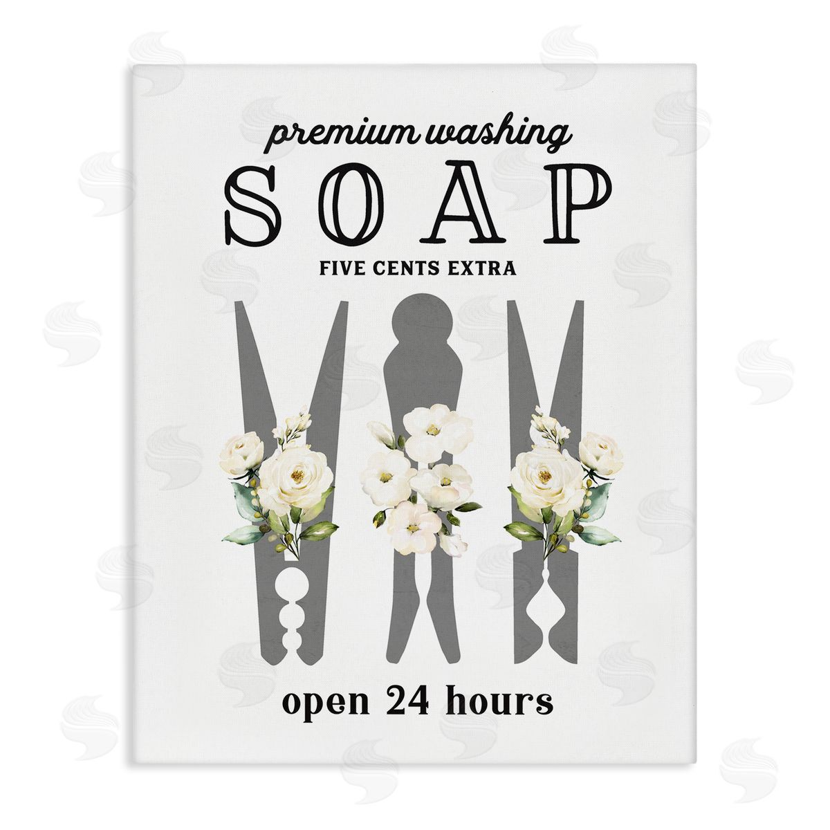 Lettered and Lined Floral Clothespin Silhouette Vintage Script Soap Signage Stretched Canvas Wall Art Print