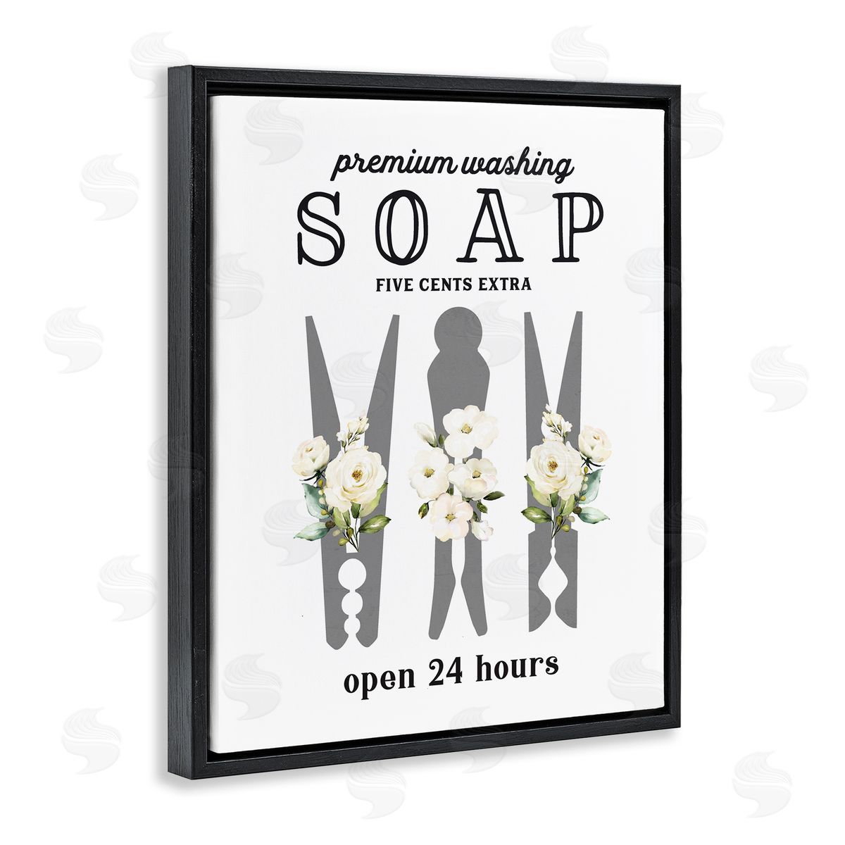Lettered and Lined Floral Clothespin Silhouette Vintage Script Soap Signage Black Floating Frame Canvas Wall Art Print