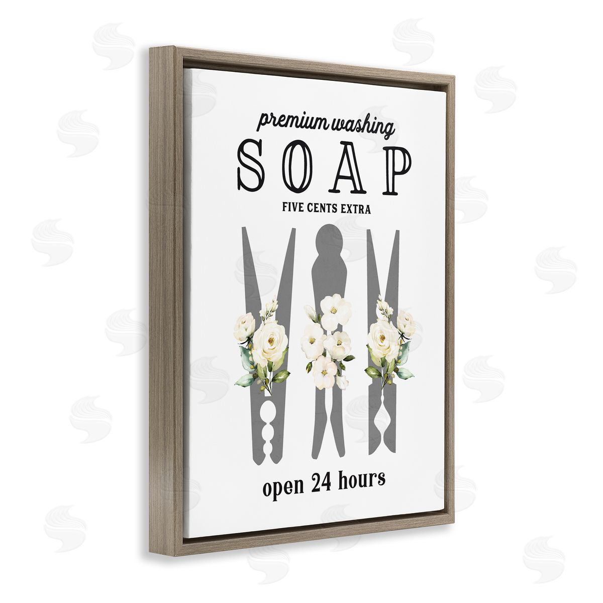 Lettered and Lined Floral Clothespin Silhouette Vintage Script Soap Signage Brown Floating Frame Canvas Wall Art Print