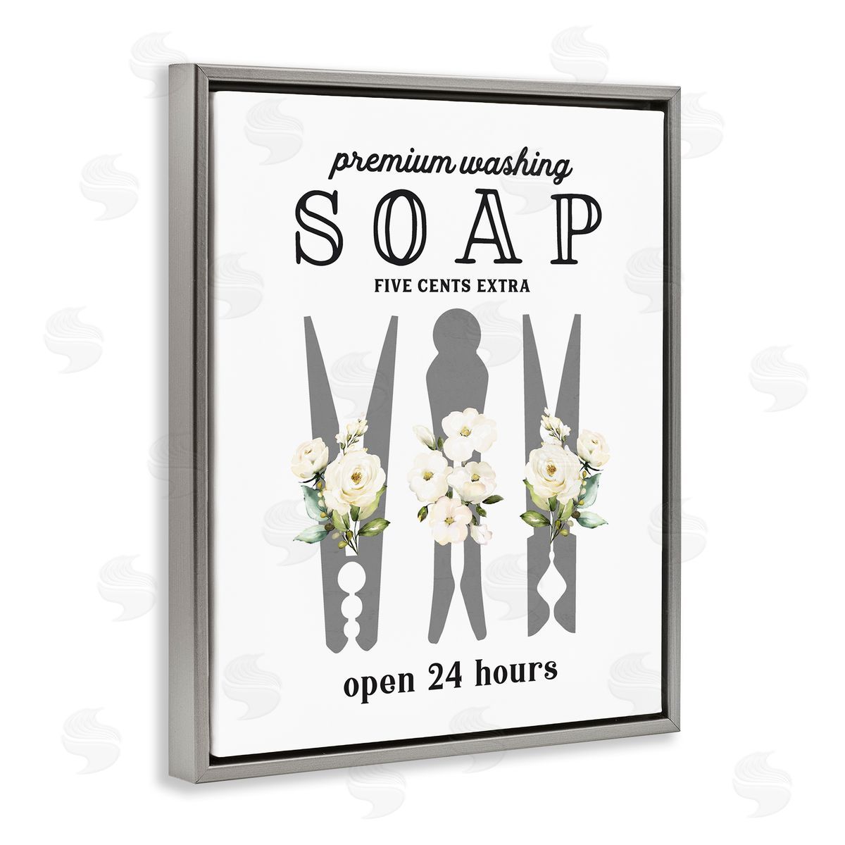 Lettered and Lined Floral Clothespin Silhouette Vintage Script Soap Signage Gray Floating Frame Canvas Wall Art Print