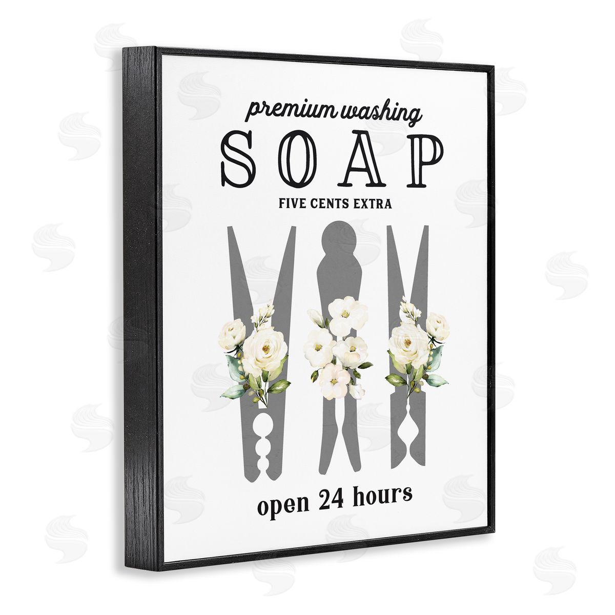 Lettered and Lined Floral Clothespin Silhouette Vintage Script Soap Signage Black Framed Giclee Wall Art Print