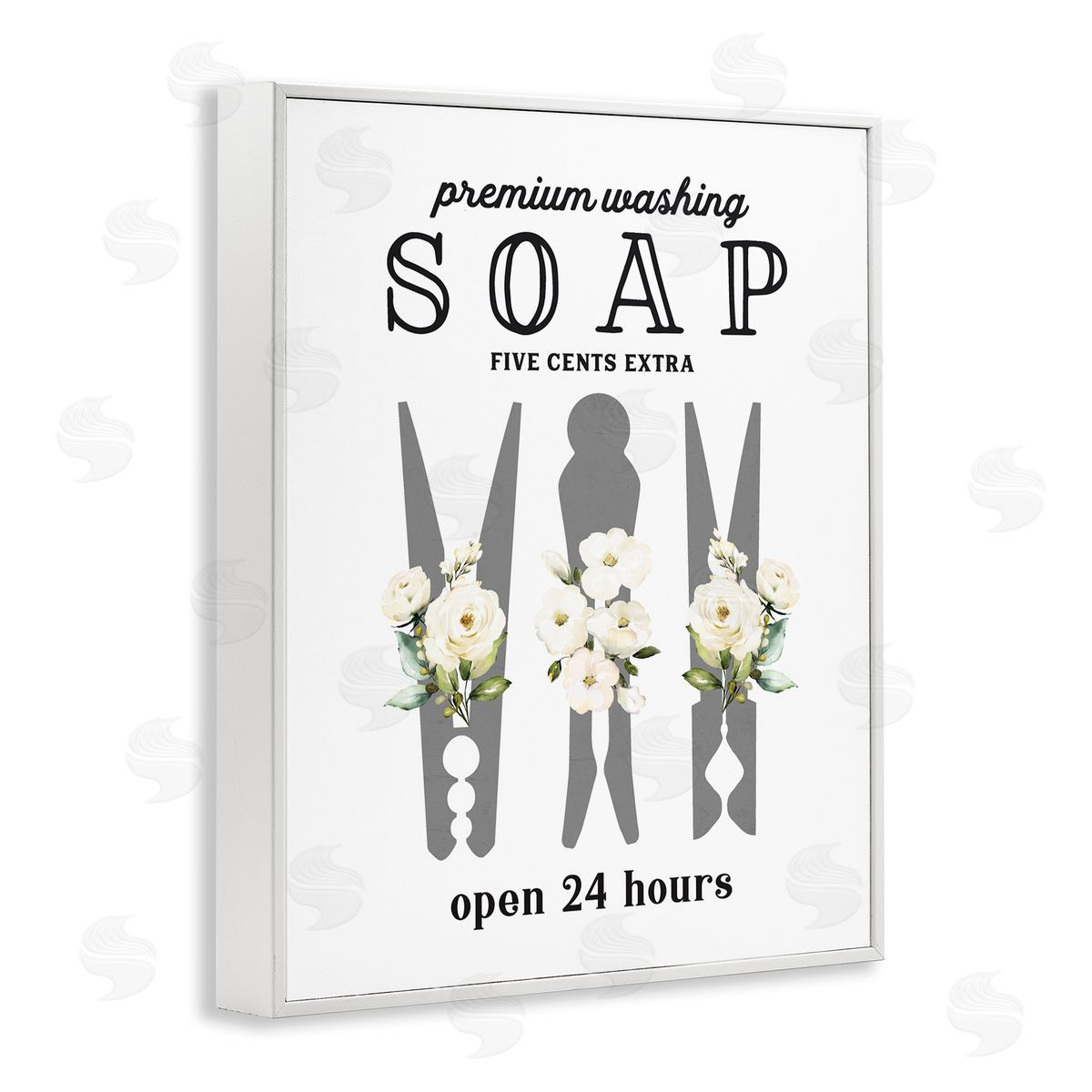 Lettered and Lined Floral Clothespin Silhouette Vintage Script Soap Signage White Framed Giclee Wall Art Print