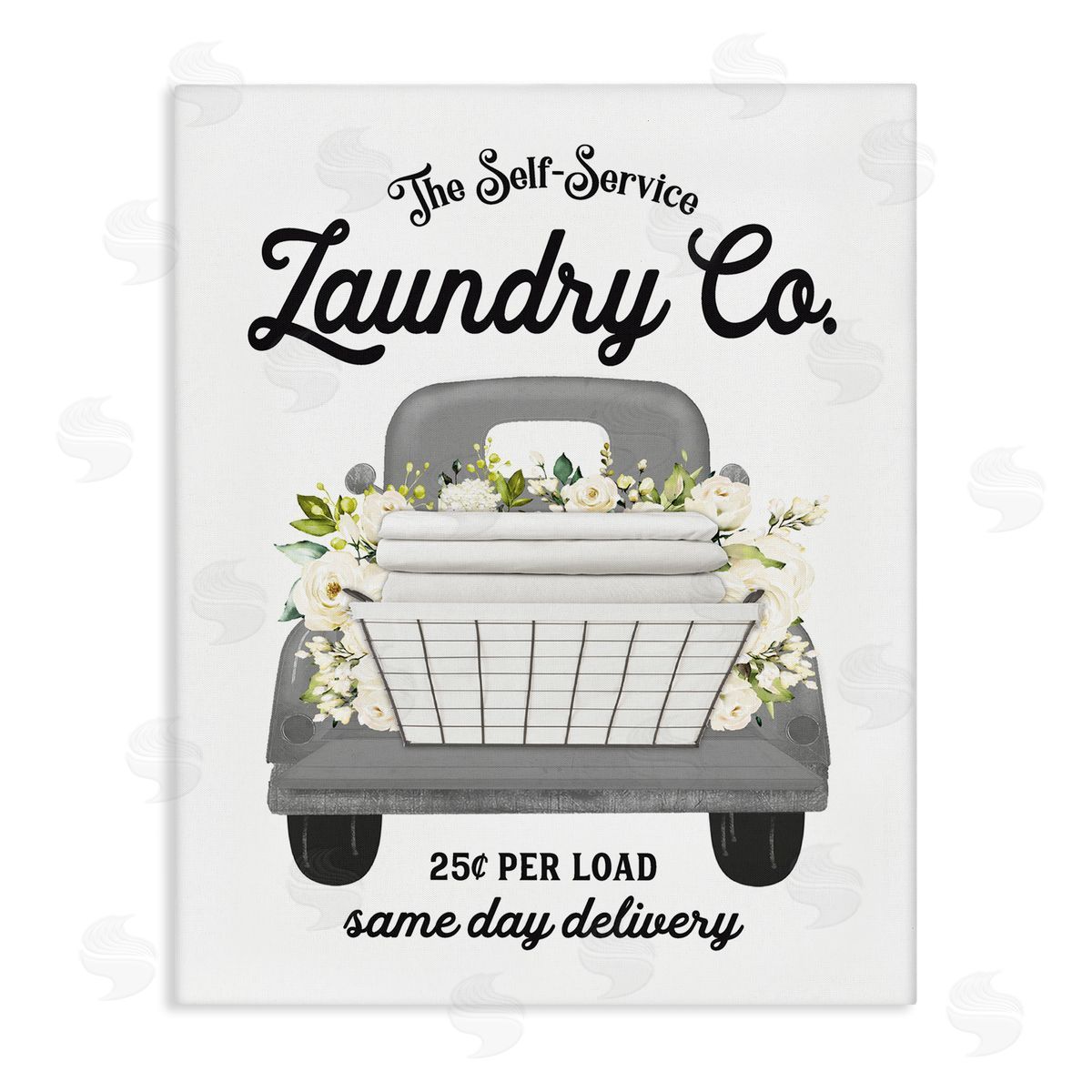 Lettered and Lined Antique Laundry Service Truck White Floral Arrangement  Stretched Canvas Wall Art Print