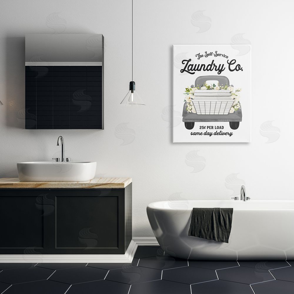 Lettered and Lined Antique Laundry Service Truck White Floral Arrangement  Canvas Wall Art Print in Room